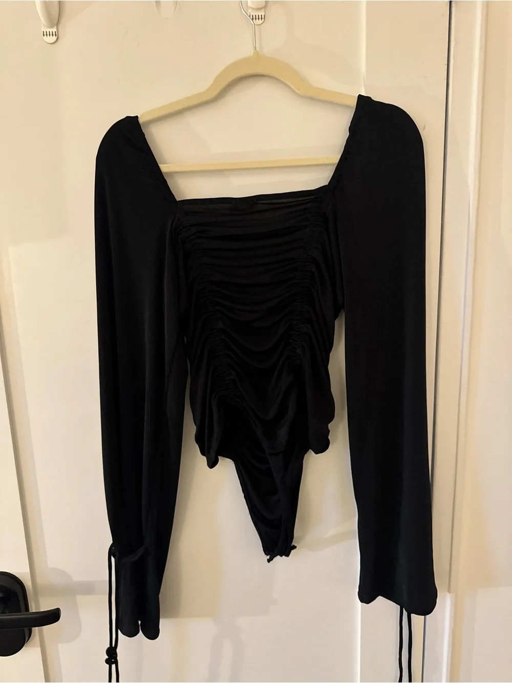 Free People Black Ruched Long Sleeve Bodysuit